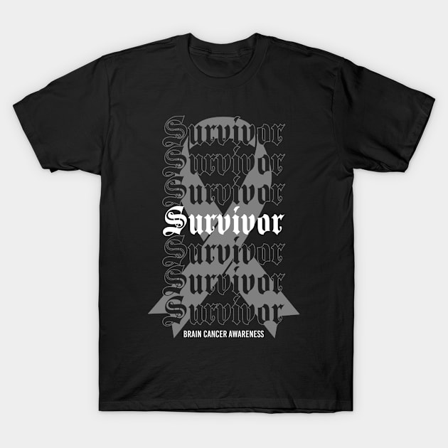 Brain Cancer Awareness Survivor Grey Ribbon Gift T-Shirt by Alex21